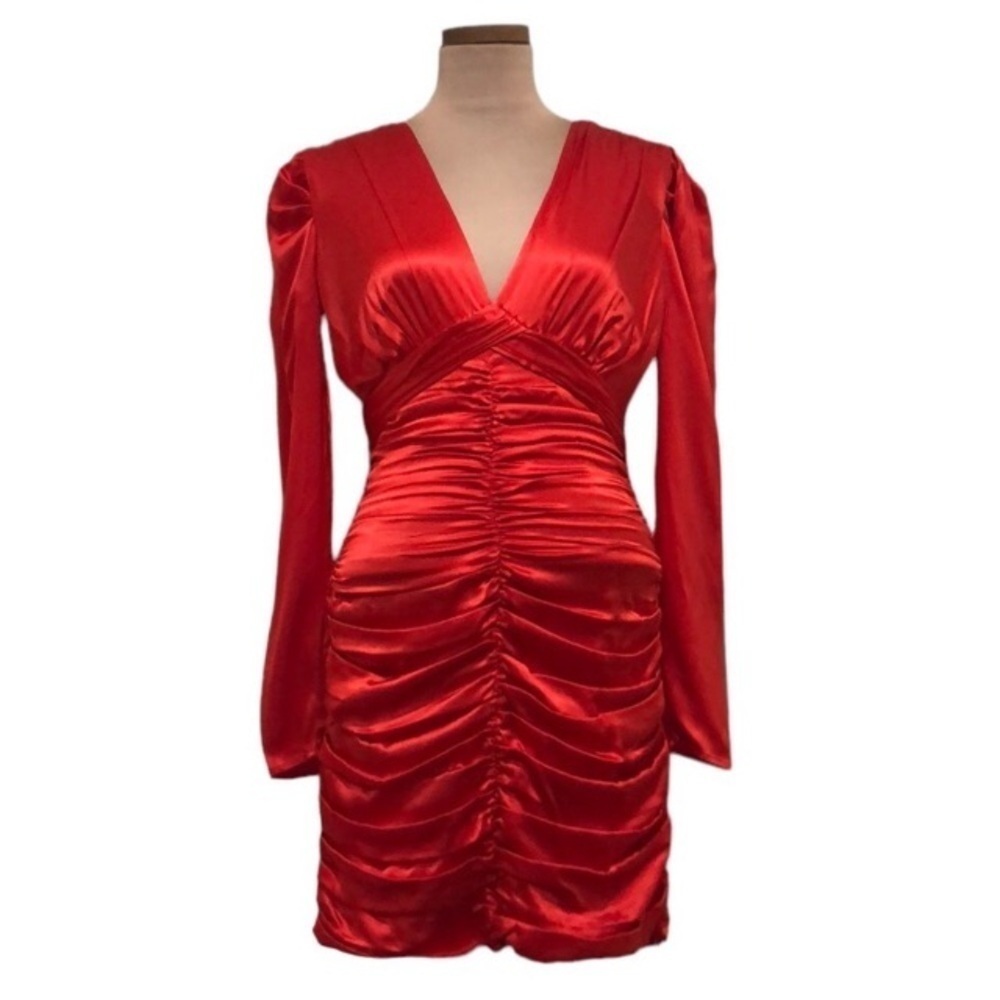 NEW NICHOLAS Gathered Party Dress Size US 12 Scarlett Red Ruched Long Sleeve